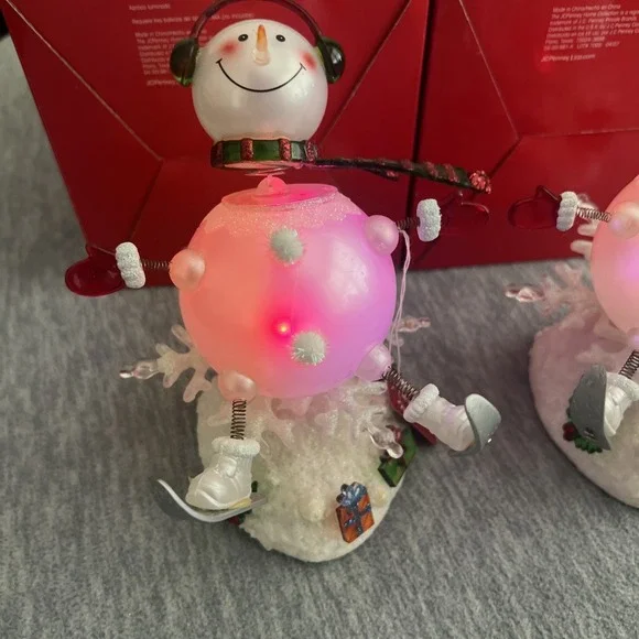 JCPenney Home Lighted Color Changing Acrylic Skiing Snowmen Pair Winter Vintage - Picture 3 of 16
